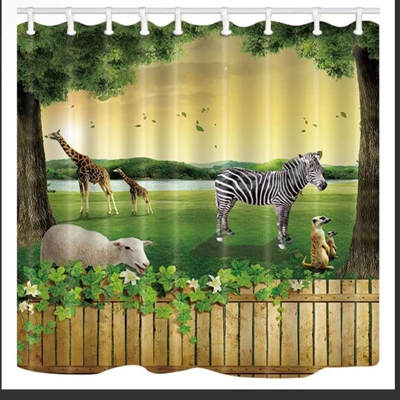 Wild Animal Shower Curtain, Zebra Giraffe And Sheep, Rustic Green Leaf Fence And - Picture 1 of 1
